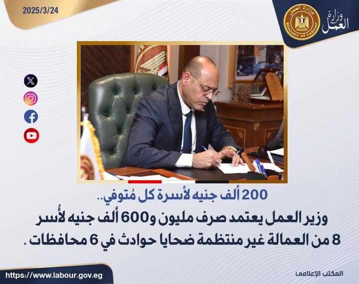 fb_img_17428203861332691088886202665148 وزير العمل يعتمد صرف مليون و600 ألف جنيه لأُسر 8 من العمالة غير المنتظمة ضحايا حوادث في 6 محافظات بواقع 200 ألف جنيه لأسرة كل مُتوفي