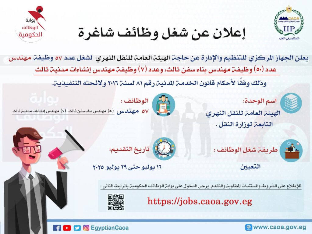 fb_img_1751277912651411296710943847956-1024x768 التنظيم والإدارة يعلن عن حاجـة "النقل النهري" لتعيين ٥٧ مهندسًا📌 إتاحة التقديم على موقع بوابة الوظائف الحكومية بدءًا من ١٦ إلى ٢٩ يوليو المقبل