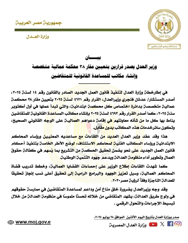 fb_img_17537247897258509076943413709008-791x1024 وزير العدل يصدر قرارين بتعيين مقار ٣٨ محكمة عمالية متخصصة.. وإنشاء مكاتب للمساعدة القانونية للمتقاضين