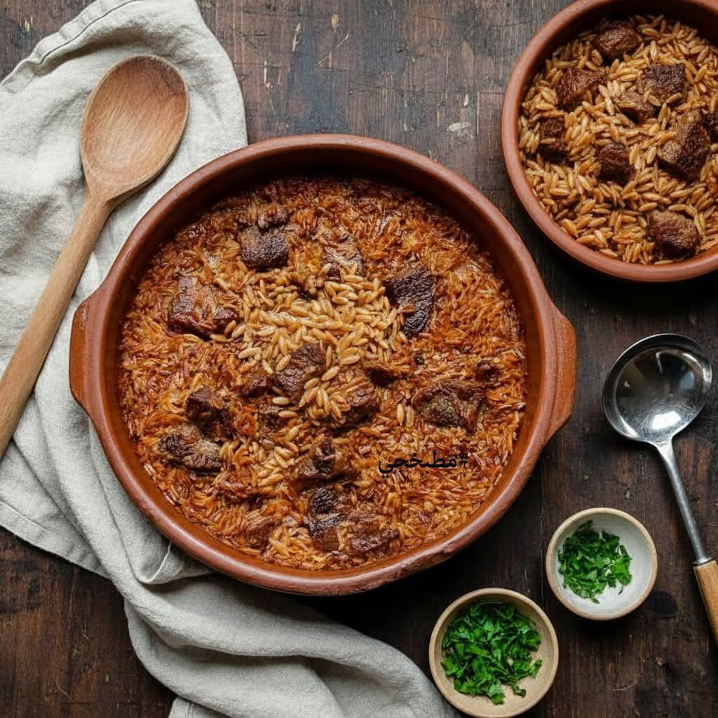 طاجن لسان العصفور باللحمه (¼كيلو لحمه)🧡🧡الطريقة والمقادير