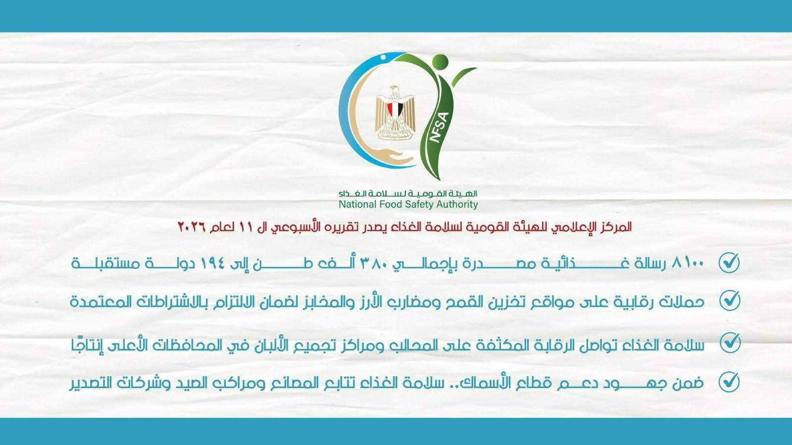 المركز الإعلامي للهيئة القومية لسلامة الغذاء يصدر تقريره الأسبوعي الـ 11 لعام 2026