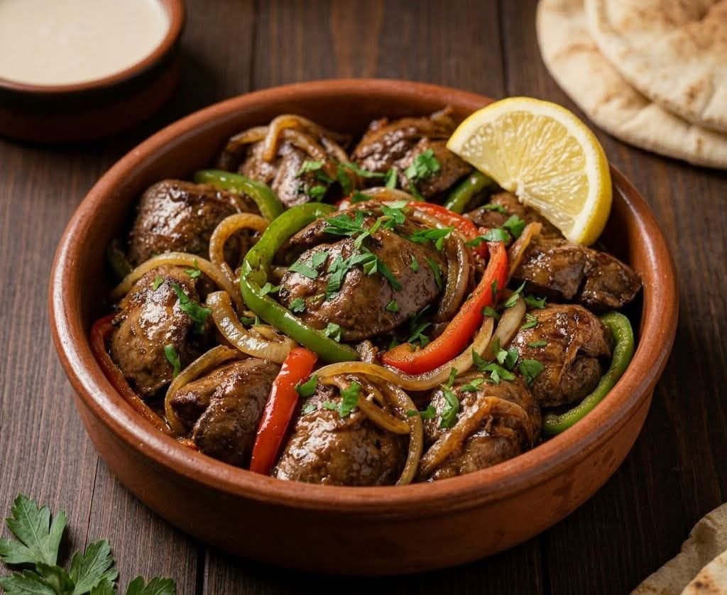 كبدة الدجاج بالبصل والفلفل 🫑🧅🍗